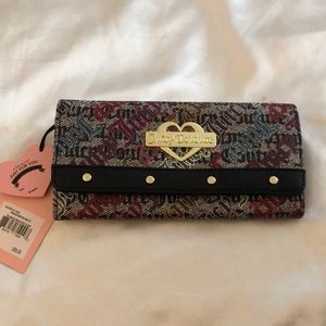 Juicy Couture Black Beige Multi Faux Leather Glam Elongated Flap Wallet NWT